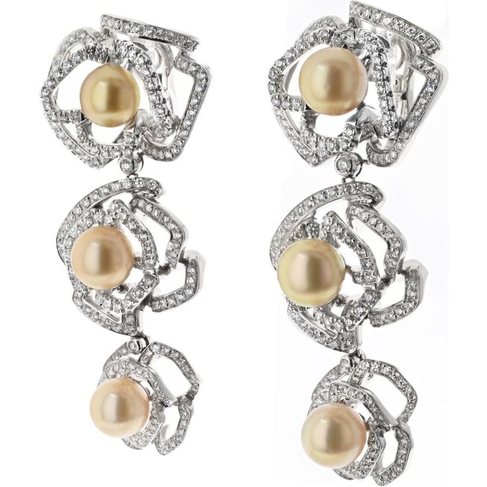 18K White Gold Triple Pearl and Diamond Floral Motif Drop Earrings - 8.30 Carat Total Diamond Weight