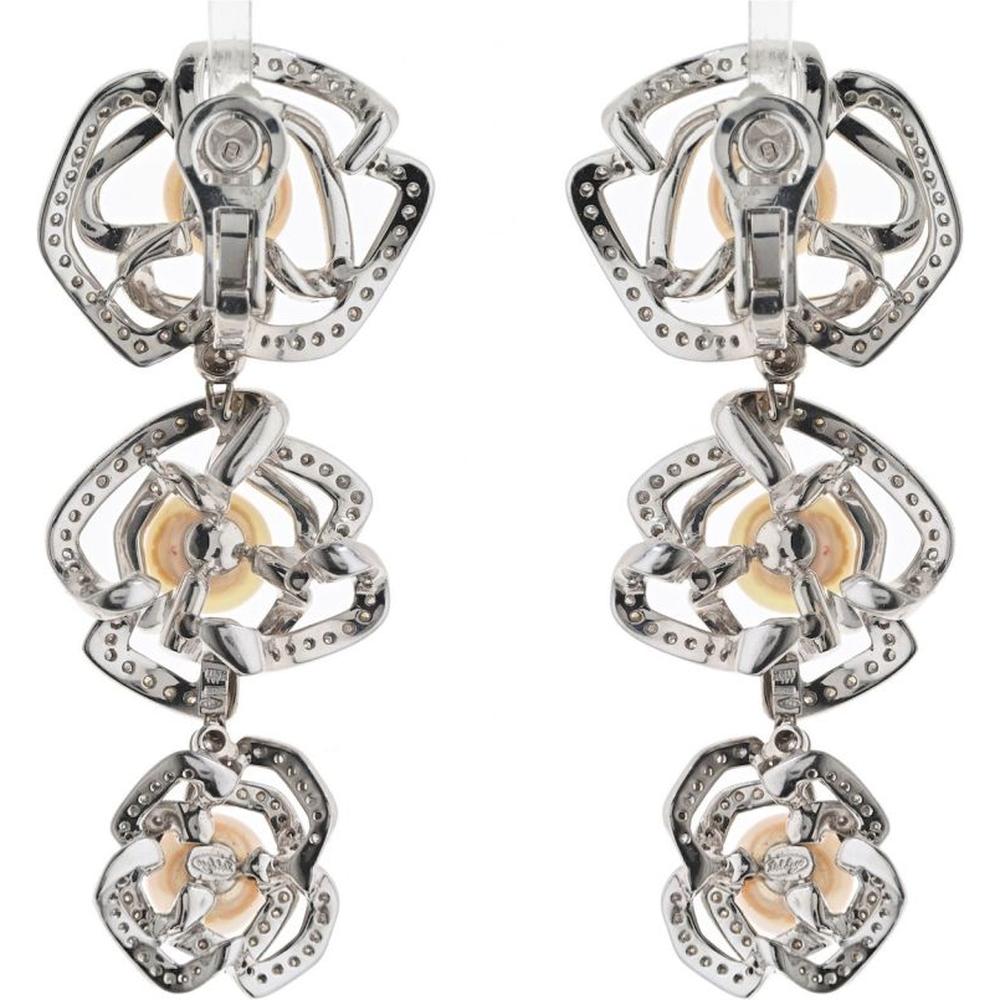18K White Gold Triple Pearl and Diamond Floral Motif Drop Earrings - 8.30 Carat Total Diamond Weight
