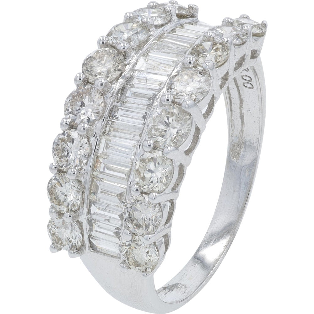 18K White Gold Triple-Row Ring with Channel-Set Baguette and Prong-Set Round Diamonds - 3.00 Carat Total Diamond Weight