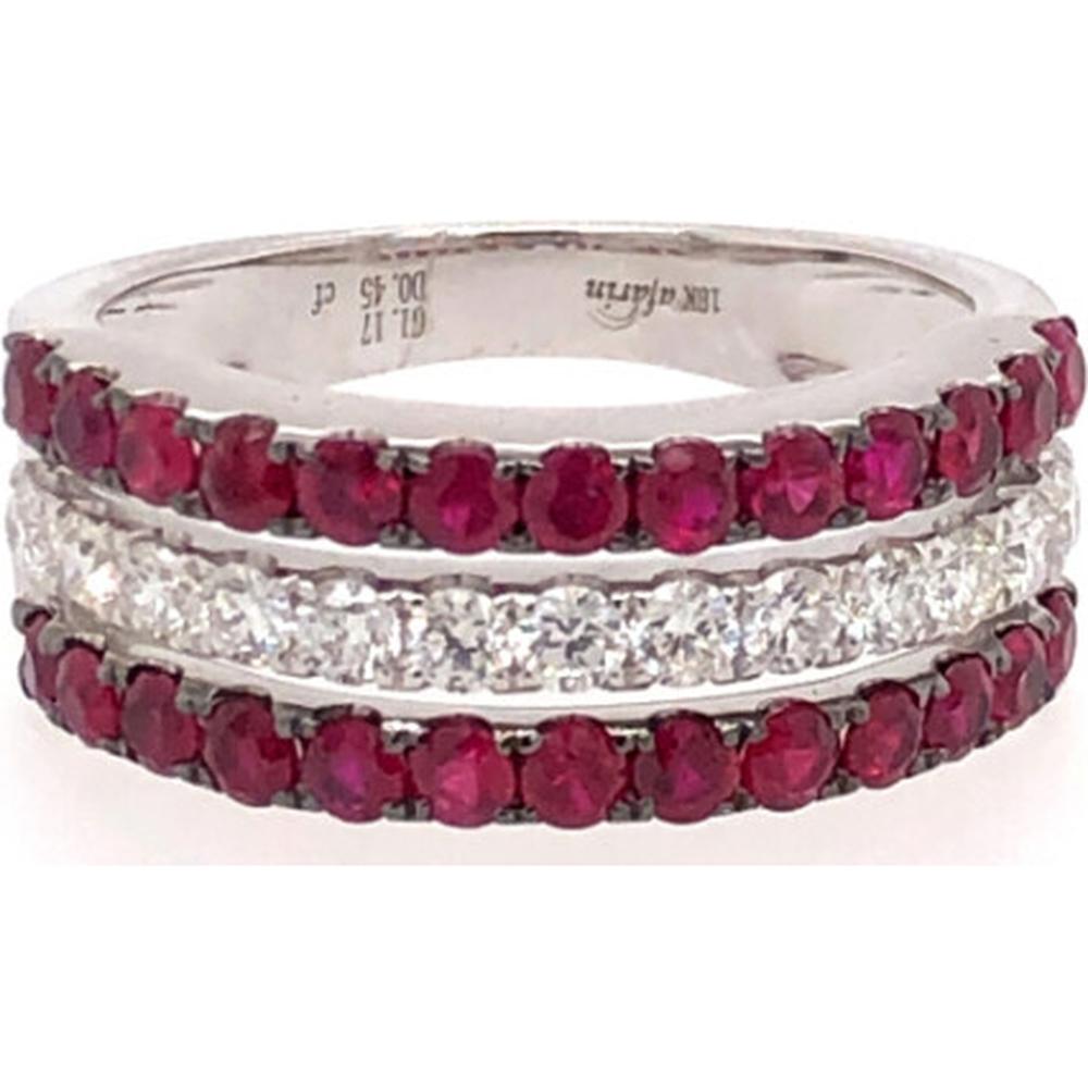 18K White Gold Triple-Row Ruby and Diamond Band Ring by Afarin