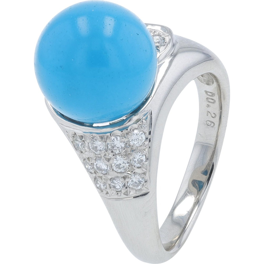 18K White Gold Turquoise Cabochon Ring with Pavé Set Round Diamonds - 0.26 Carat Total Diamond Weight