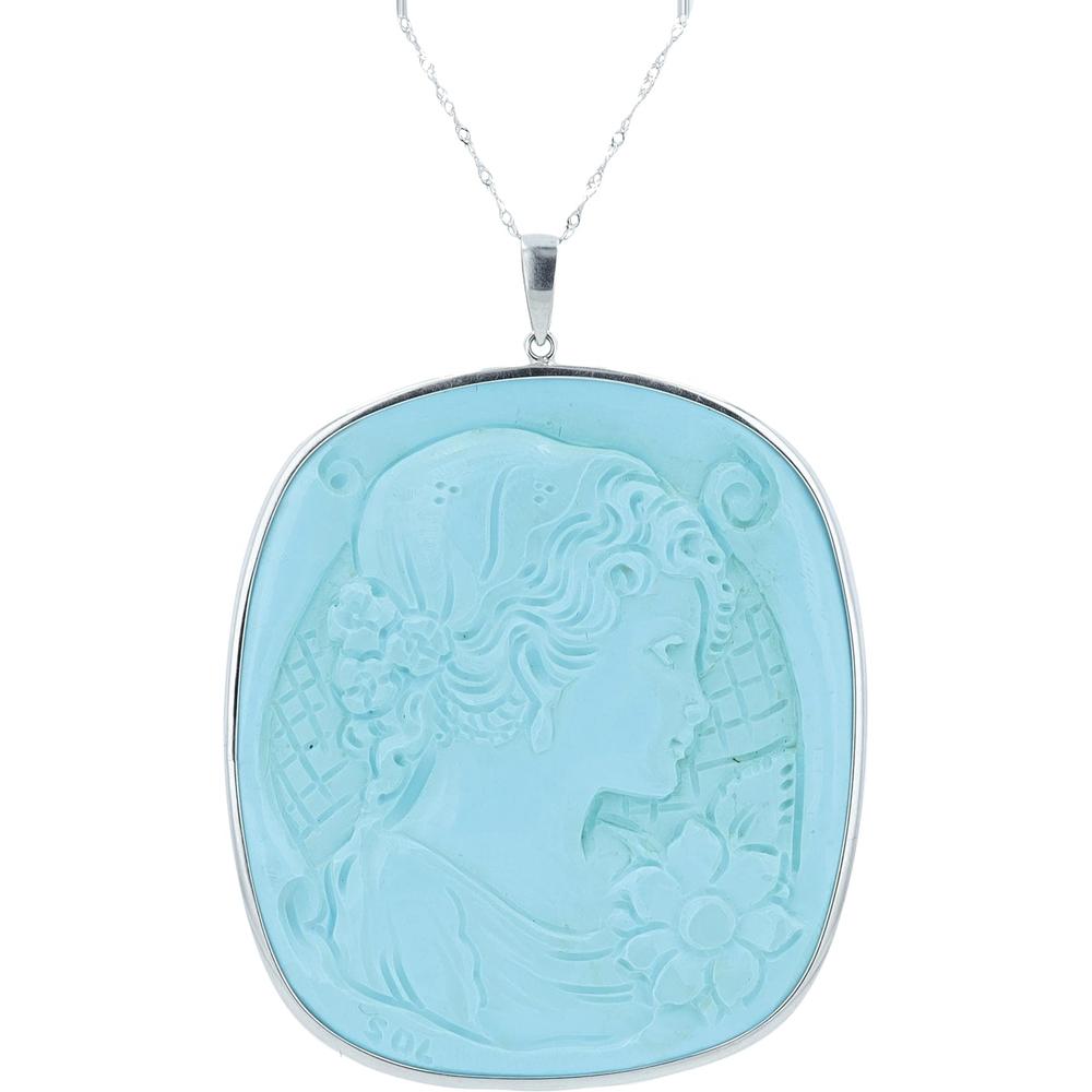 18K White Gold Turquoise Cameo Pendant with Milgrain Detail - Elegant Vintage-Inspired Design