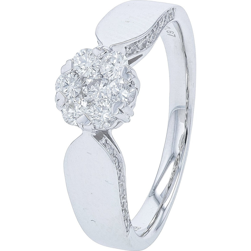 18K White Gold Twist Band Floral Cluster Ring with Round Diamonds - 0.67 Carat Total Diamond Weight
