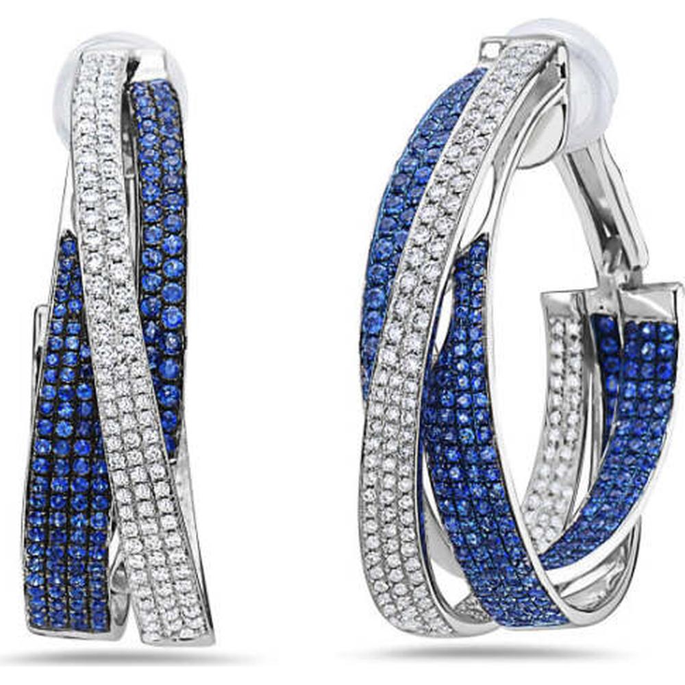 18K White Gold Twisted Hoop Earrings with Blue Sapphires and Diamonds by Afarin