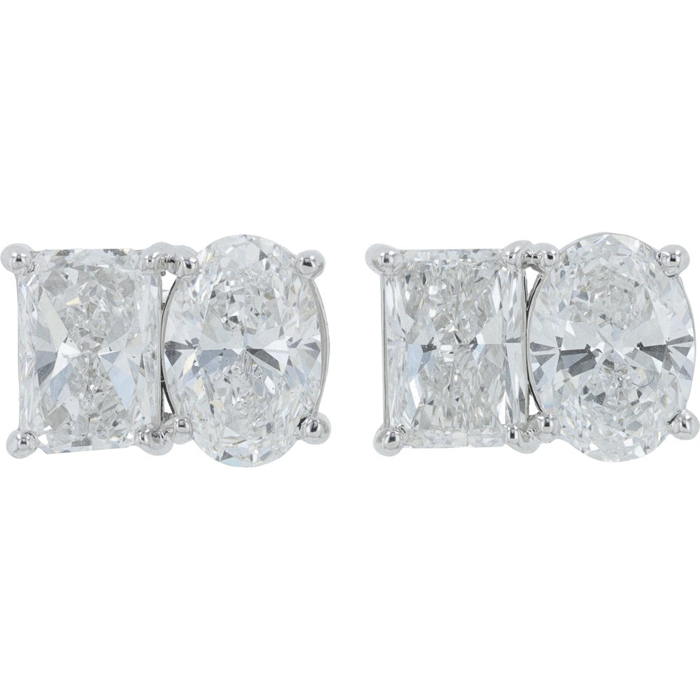18K White Gold Two-Stone Stud Earrings with Radiant and Oval Lab-Grown Diamonds - 4.00 Carat Total Diamond Weight