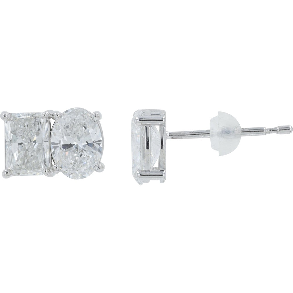 18K White Gold Two-Stone Stud Earrings with Radiant and Oval Lab-Grown Diamonds - 4.00 Carat Total Diamond Weight