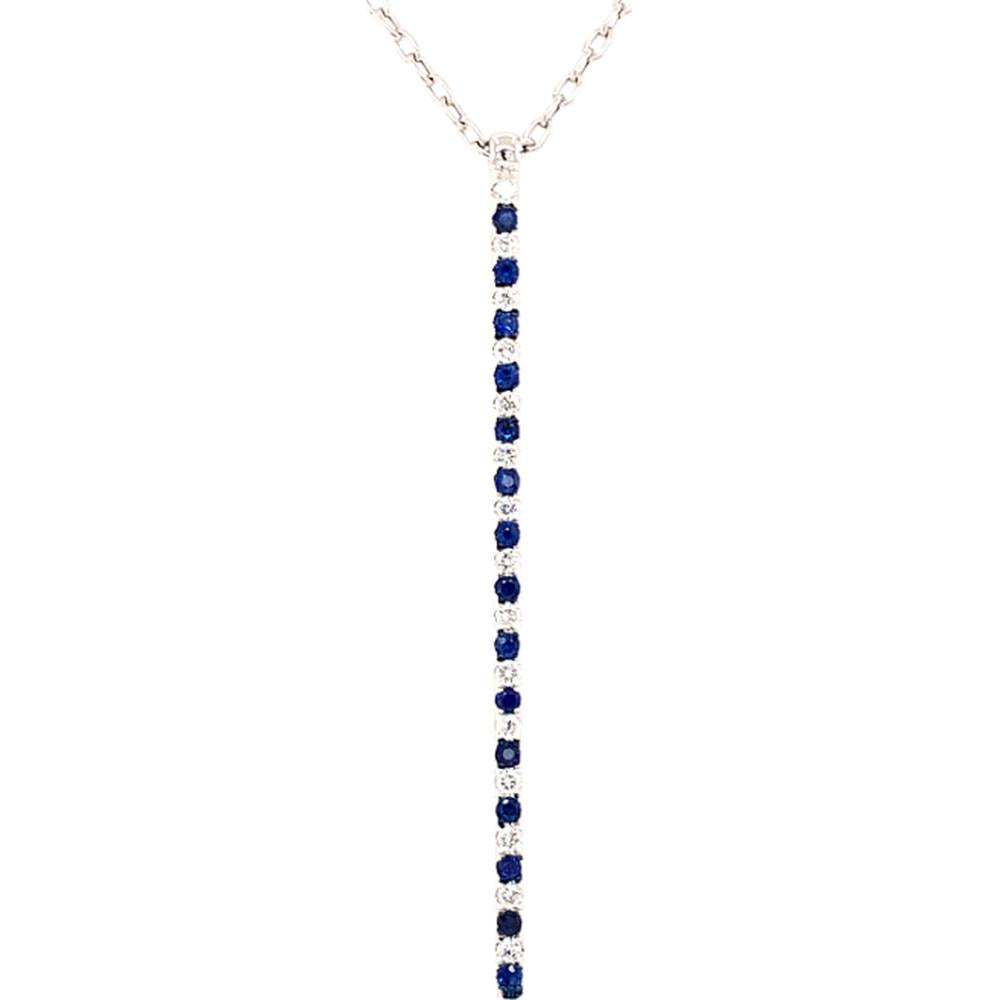 18K White Gold Vertical Pendant Necklace with Round Blue Sapphires and Diamond Accents by Afarin