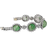 18K White Gold Vintage Bracelet with Cabochon Emeralds and Diamond Halo - 23.00 Carats Total Weight Diamonds