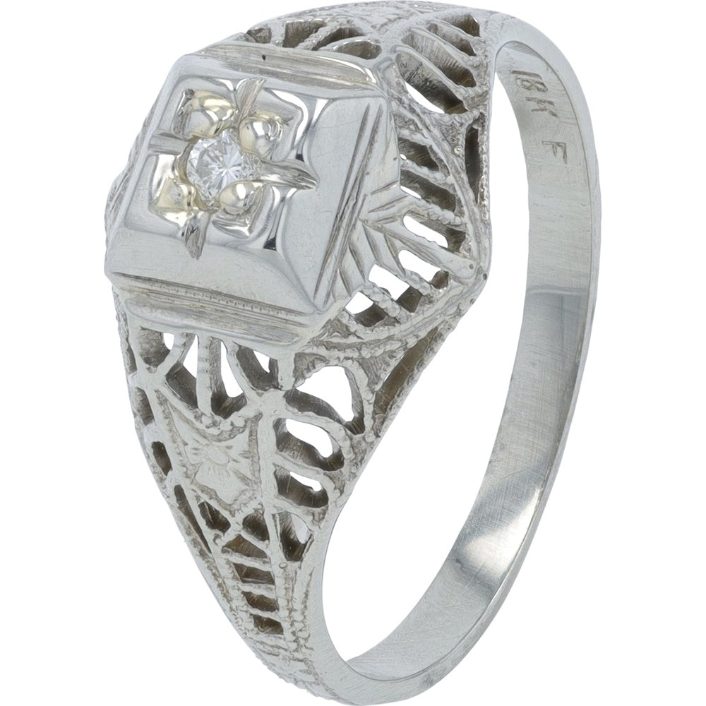 18K White Gold Vintage-Style Filigree Ring with Round Diamond - 0.03 Carat Total Diamond Weight