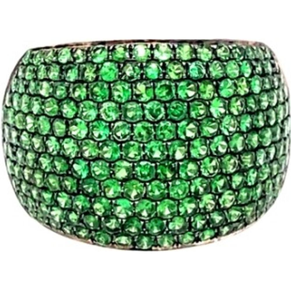 18K White Gold Wide Band Ring with Pavé Set Round Tsavorites by Afarin