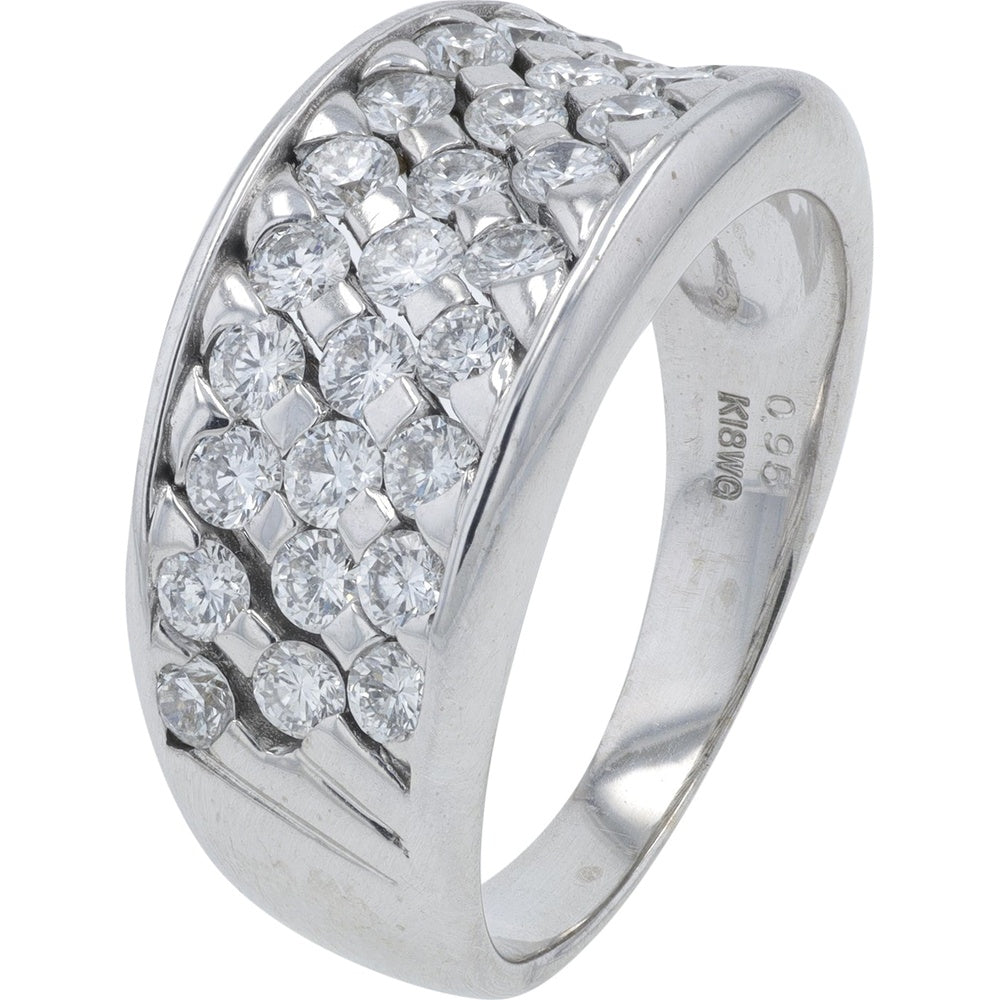 18K White Gold Wide Band Ring with Prong-Set Round Brilliant Diamonds - 0.95 Carat Total Diamond Weight