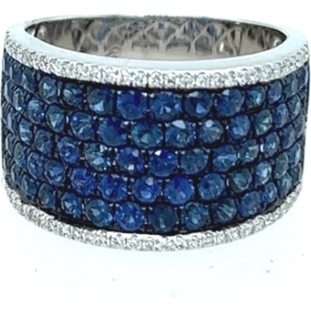 18K White Gold Wide Band Ring with Round Blue Sapphires and Diamond Accent Borders by Afarin
