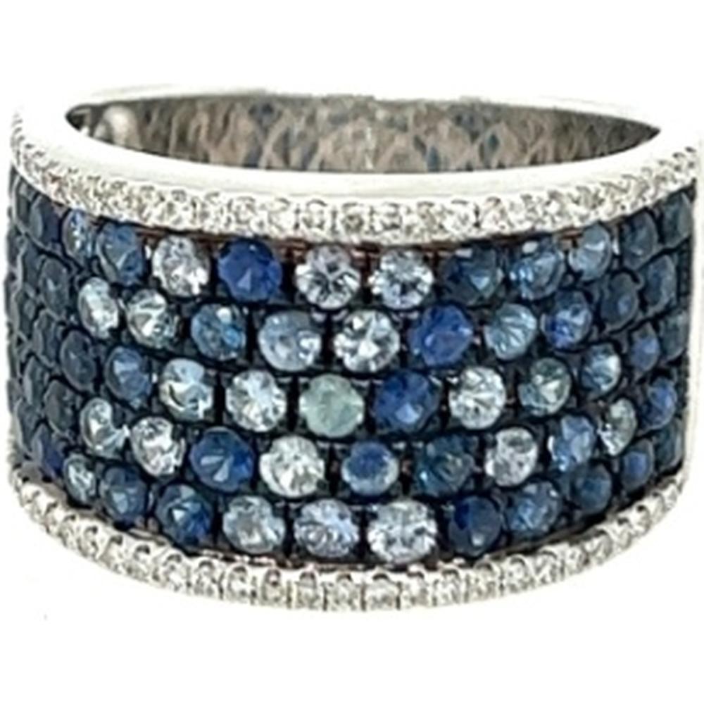 18K White Gold Wide Band Ring with Round Blue Sapphires and Diamond Accents by Afarin