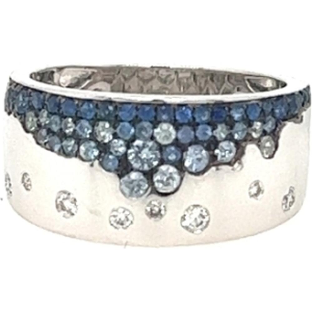 18K White Gold Wide Band Ring with Round Blue Sapphires and Diamond Accents by Afarin