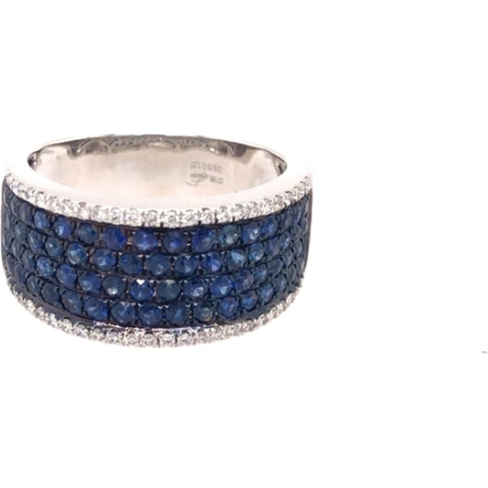 18K White Gold Wide Band Ring with Round Blue Sapphires and Diamond Borders by Afarin
