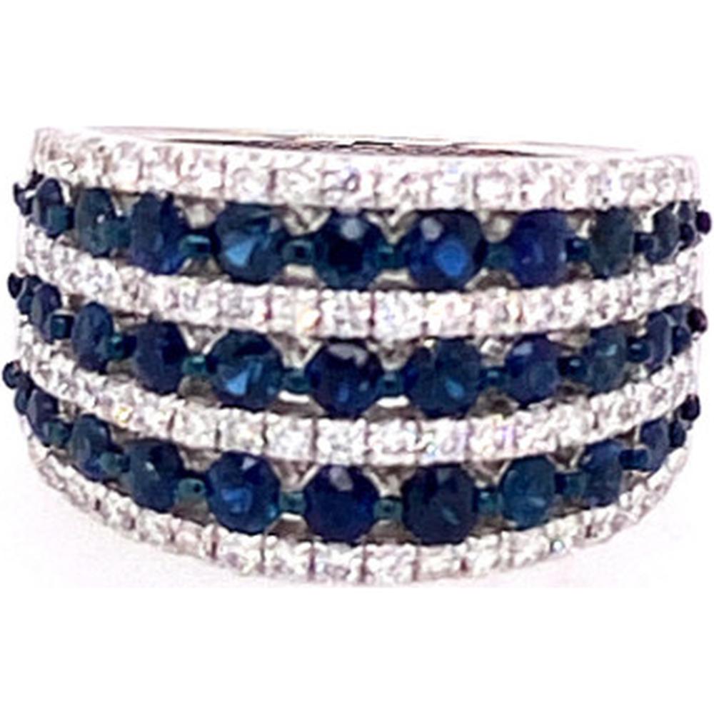 18K White Gold Wide Band Ring with Round Blue Sapphires and Diamond Rows by Afarin