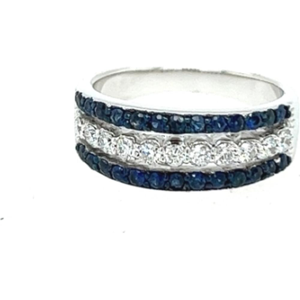 18K White Gold Wide Band Ring with Round Blue Sapphires and Diamonds by Afarin