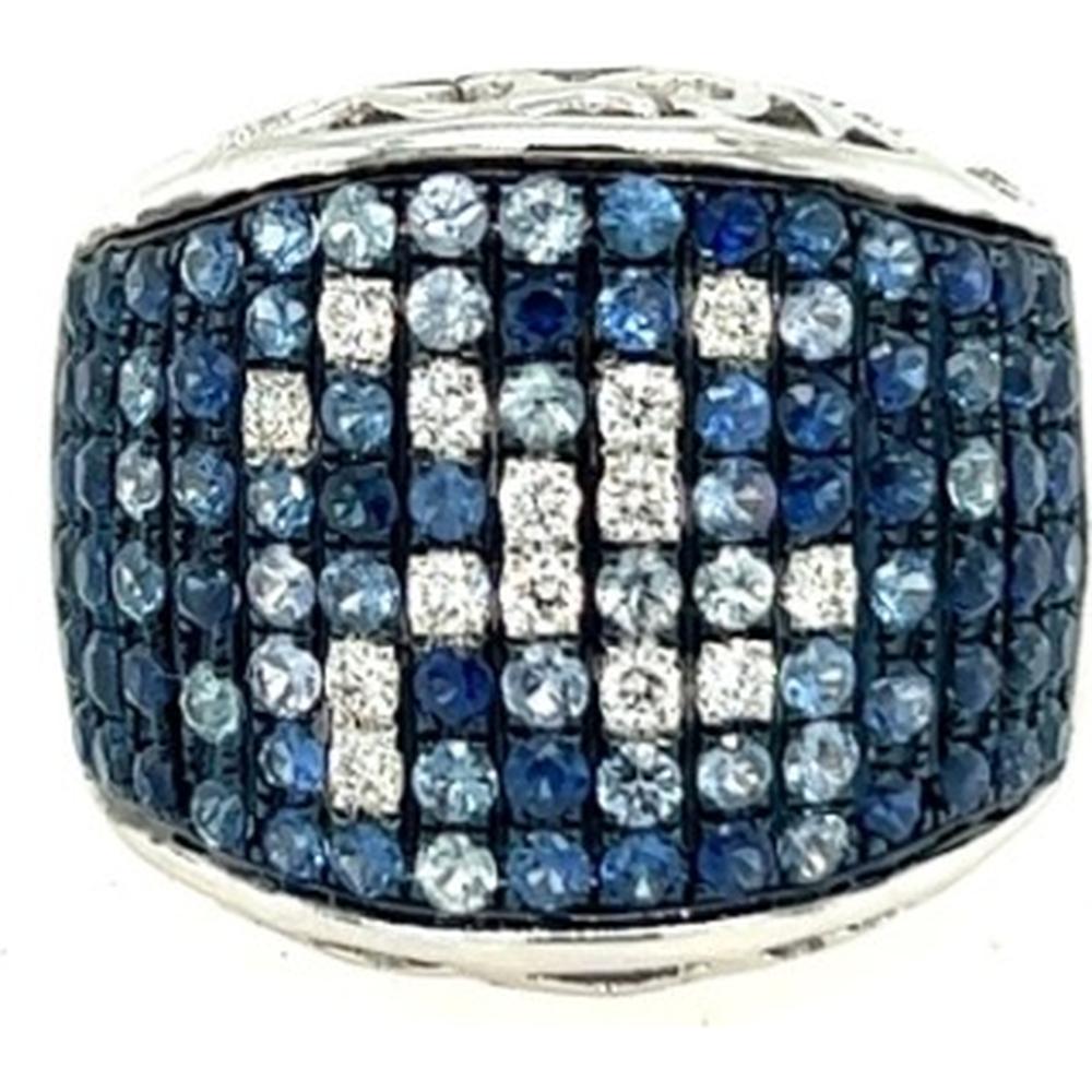 18K White Gold Wide Band Ring with Round Blue Sapphires and Round Diamonds by Afarin
