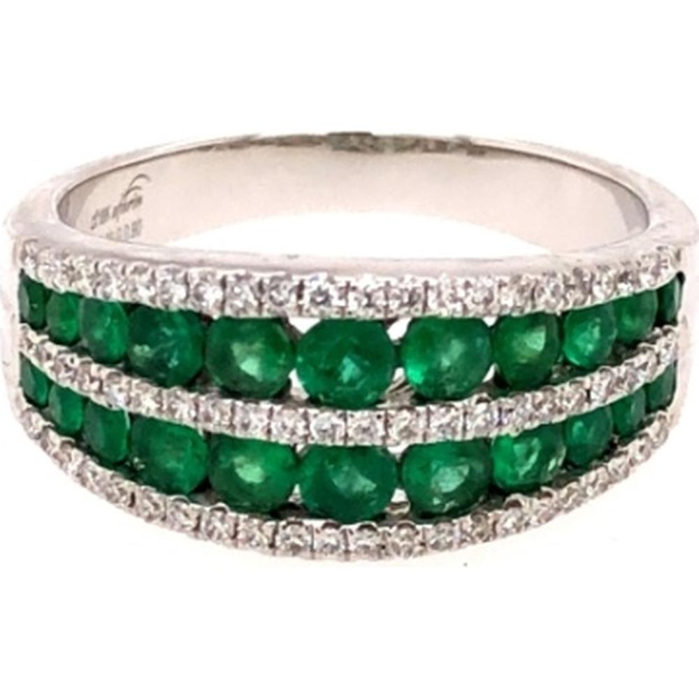 18K White Gold Wide Band Ring with Round Emeralds and Diamond Accents by Afarin