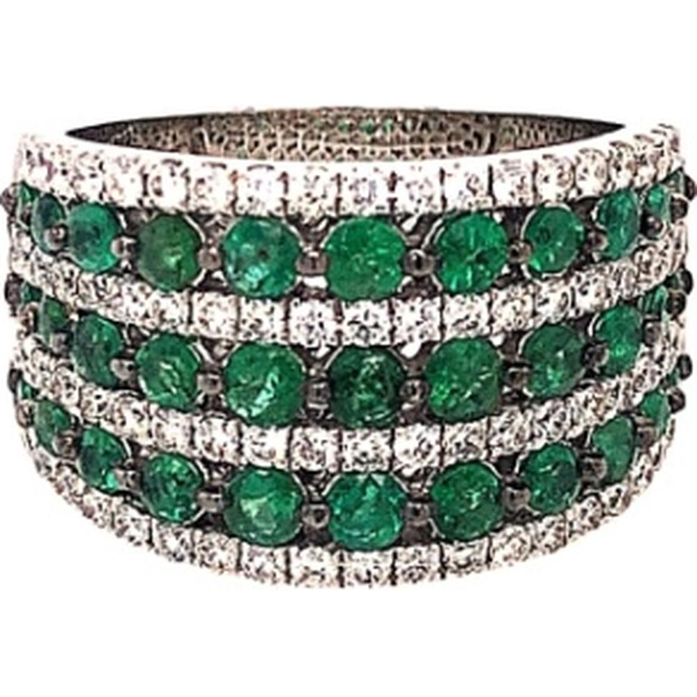 18K White Gold Wide Band Ring with Round Emeralds and Diamond Accents by Afarin