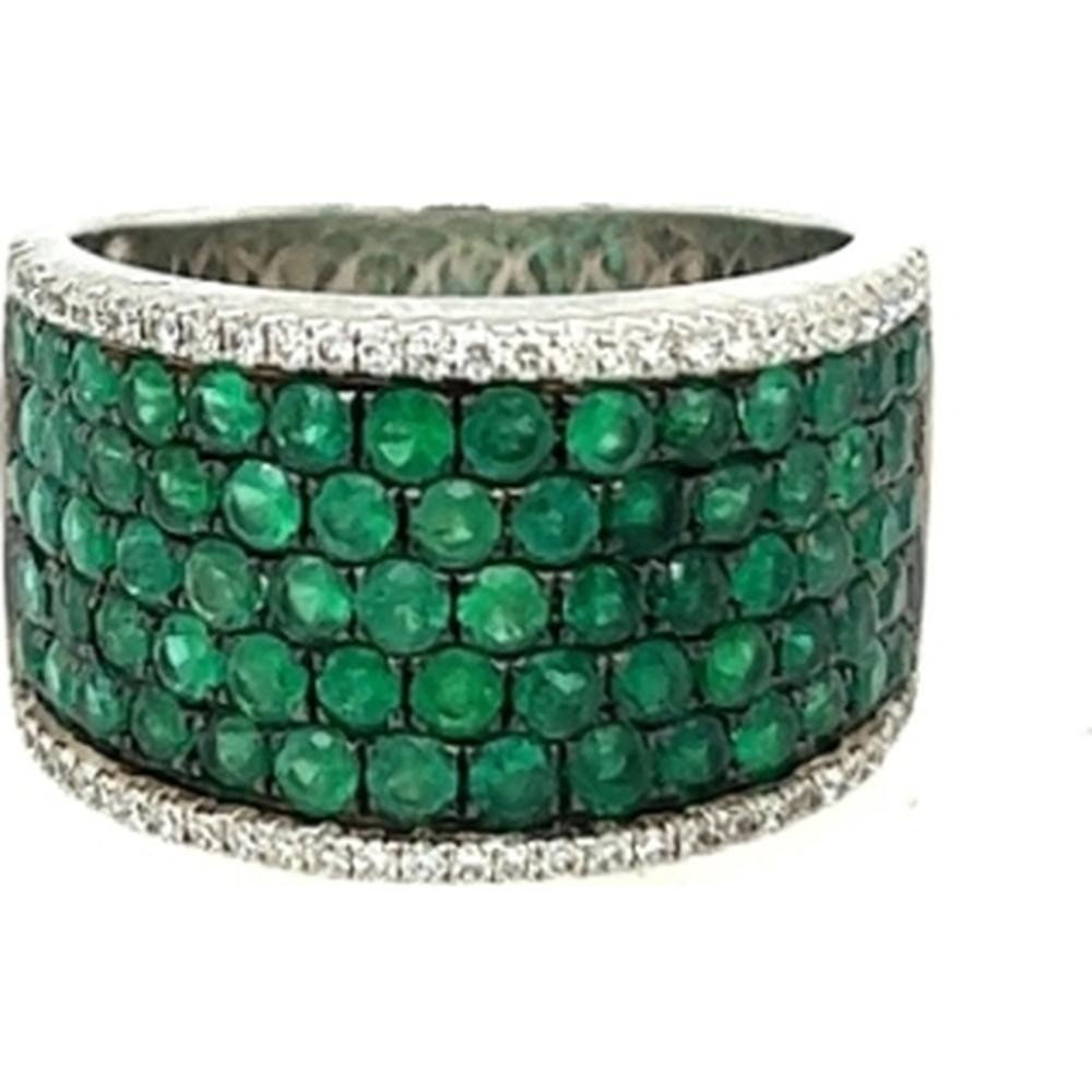 18K White Gold Wide Band Ring with Round Emeralds and Diamond Borders by Afarin