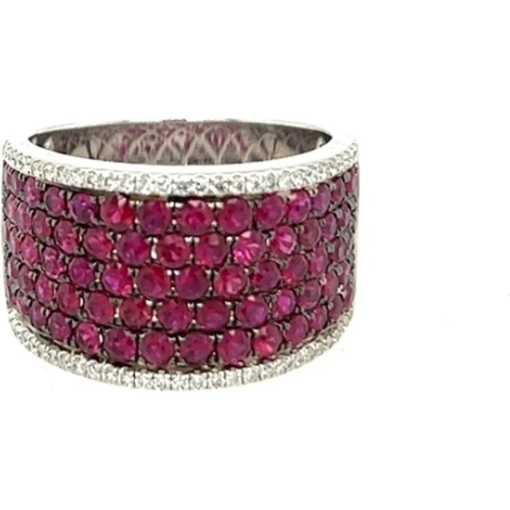 18K White Gold Wide Band Ring with Round Rubies and Diamond Edges by Afarin