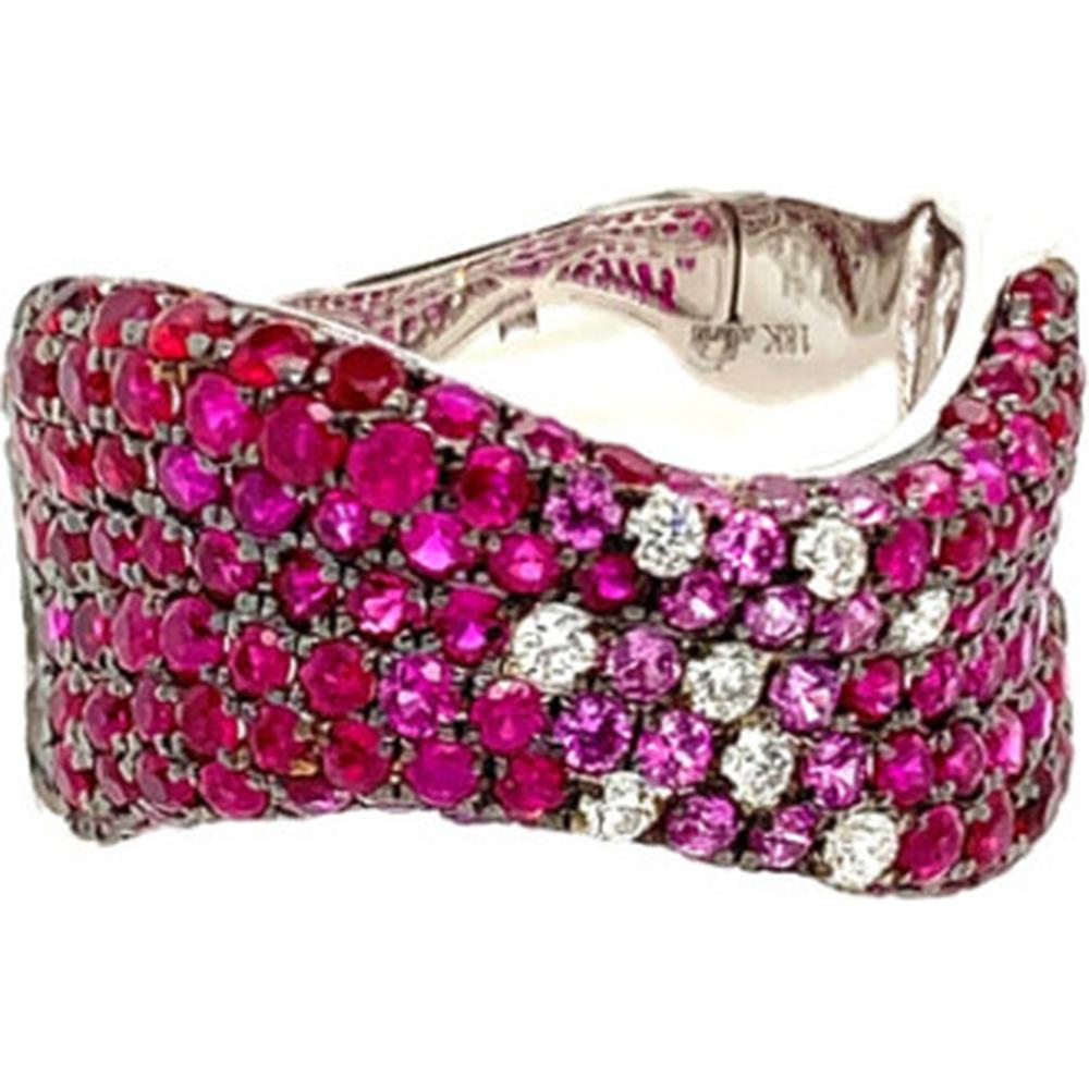 18K White Gold Wide Band Ring with Round Rubies, Pink Sapphires, and Diamonds by Afarin
