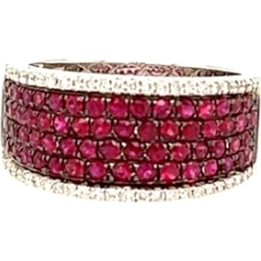 18K White Gold Wide Band Ring with Rows of Rubies and Diamond Accents by Afarin