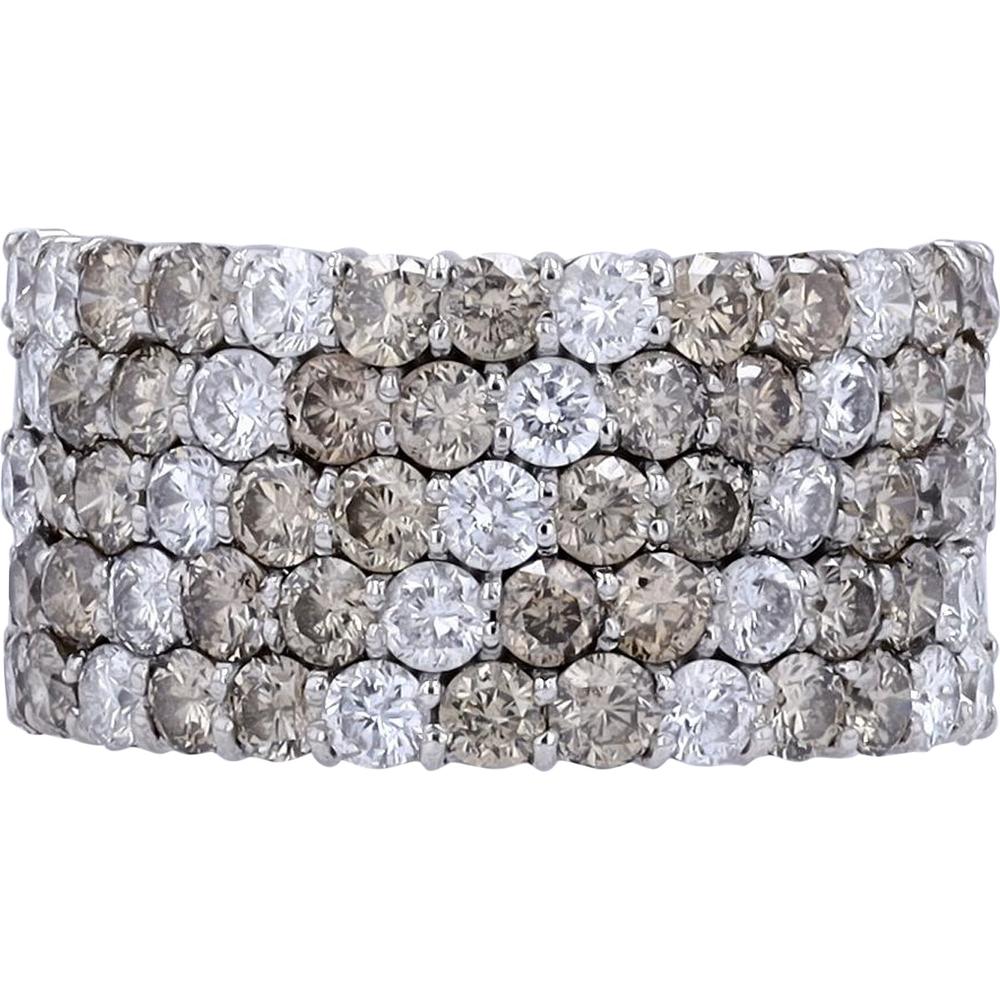 18K White Gold Wide Band with 3.00 Carat Total Round Diamonds - Prong Set Champagne & White Mix