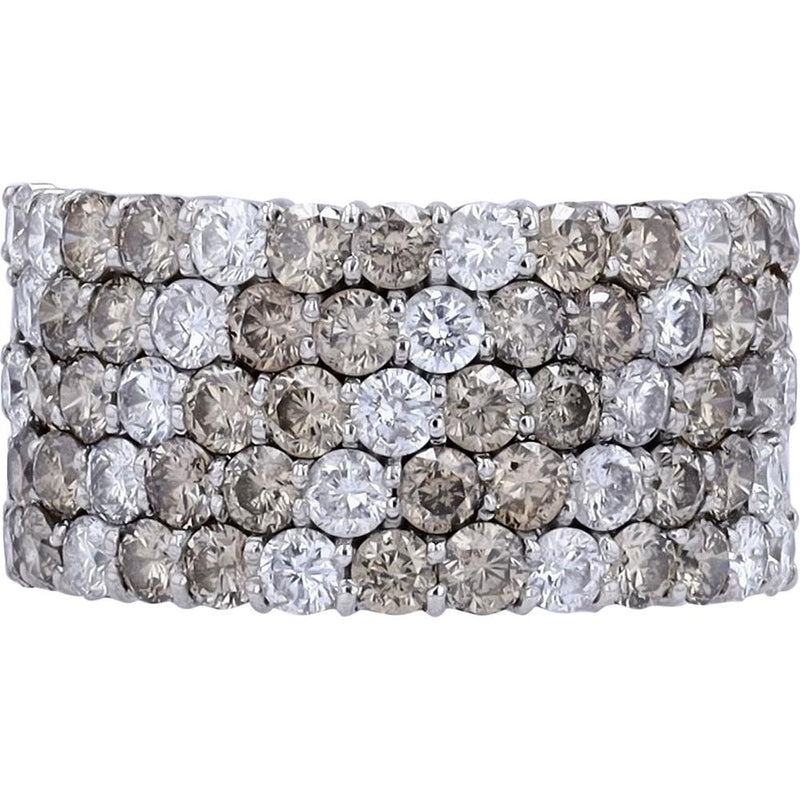 18K White Gold Wide Band with 3.00 Carat Total Round Diamonds - Prong Set Champagne & White Mix
