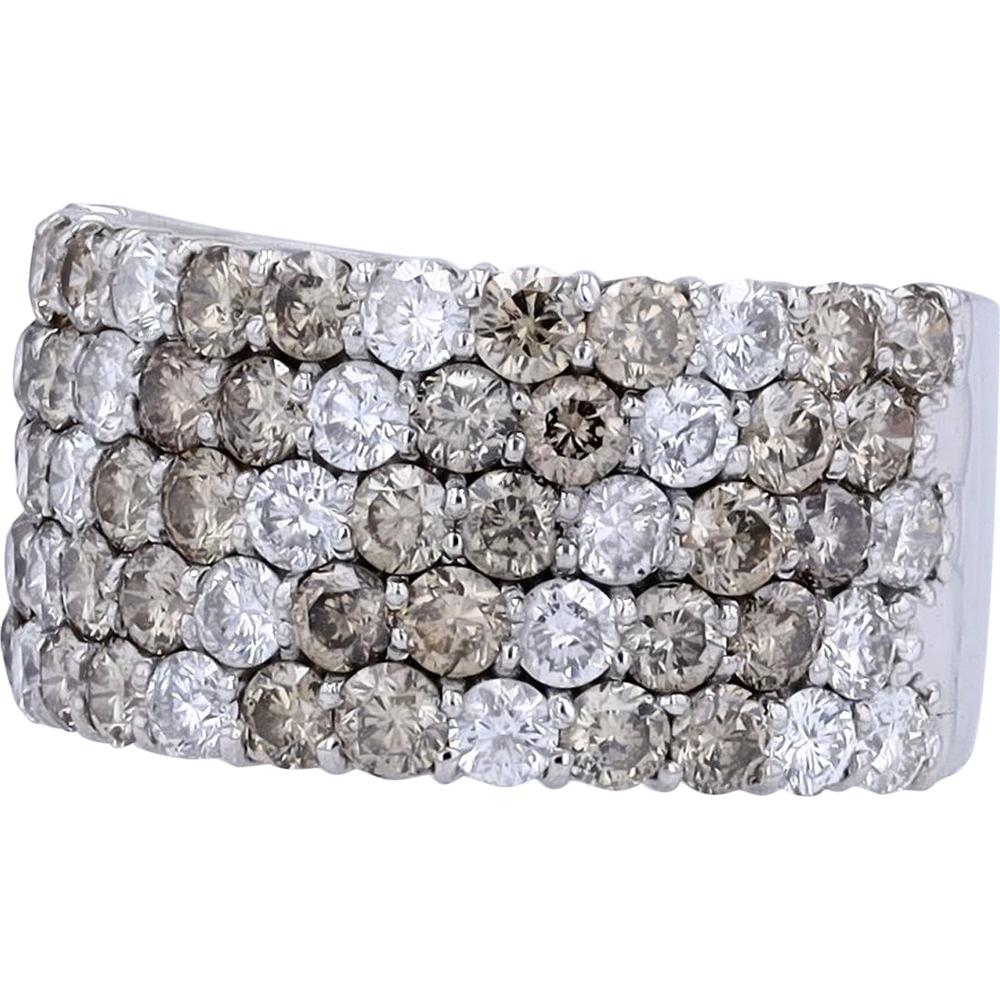 18K White Gold Wide Band with 3.00 Carat Total Round Diamonds - Prong Set Champagne & White Mix