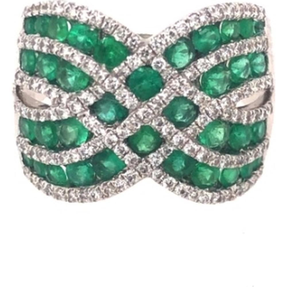 18K White Gold Wide Crisscross Band Ring with Round Emeralds and Diamond Accents by Afarin