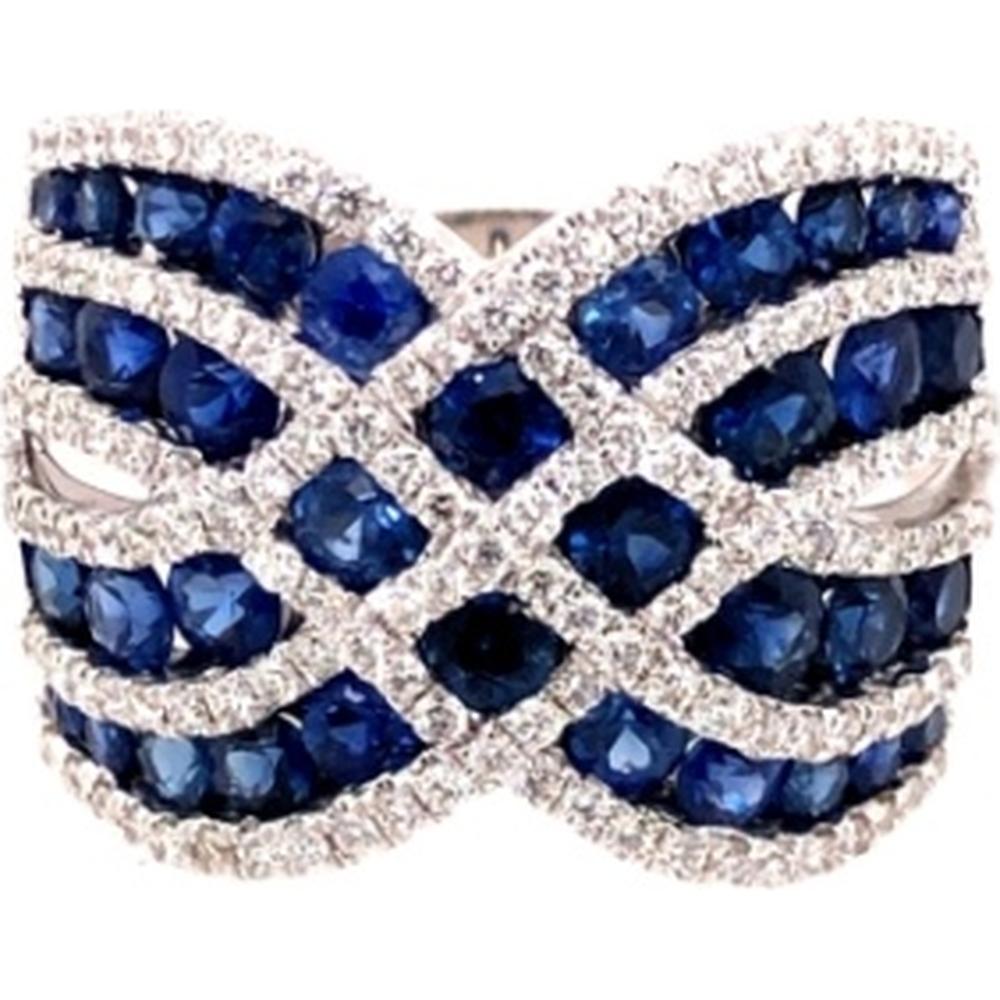 18K White Gold Wide Crossover Ring with Blue Sapphires and Diamond Accents by Afarin