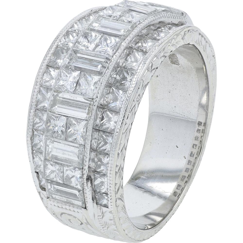 18K White Gold Wide Diamond Band with Princess and Baguette Cut Diamonds - 3.00 Carat Total Diamond Weight