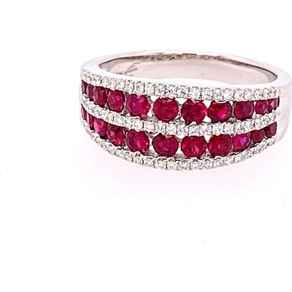 18K White Gold Wide Multi-Row Band Ring with Round Rubies and Diamond Accents by Afarin