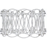 18K White Gold Wide Statement Cuff Bracelet with 11.51 Carat Total Round Diamonds