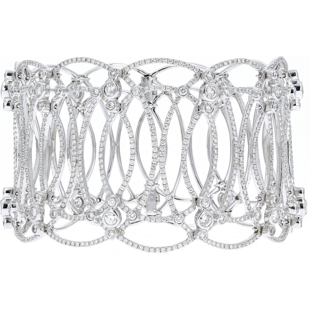 18K White Gold Wide Statement Cuff Bracelet with 11.51 Carat Total Round Diamonds
