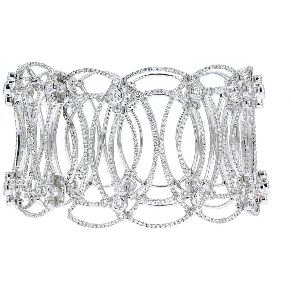 18K White Gold Wide Statement Cuff Bracelet with 11.51 Carat Total Round Diamonds