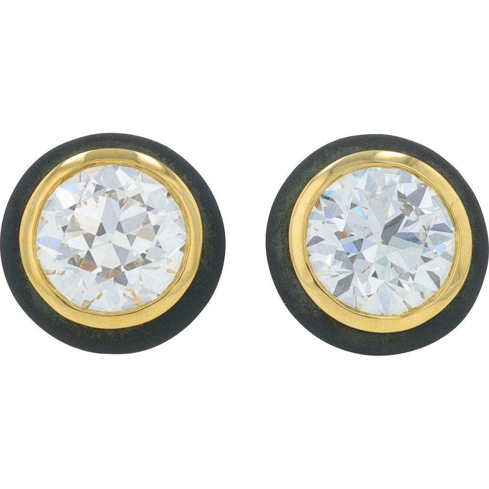 18K Yellow and Black Gold Bezel Set Lab Grown Round Diamond Stud Earrings - 2.00 Carat Total Diamond Weight