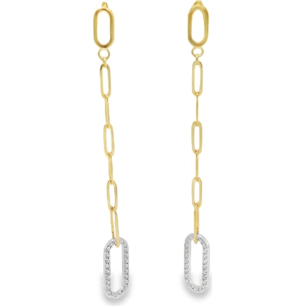 18K Yellow and White Gold Elongated Drop Earrings with Diamond-Set Oval Links by Afarin