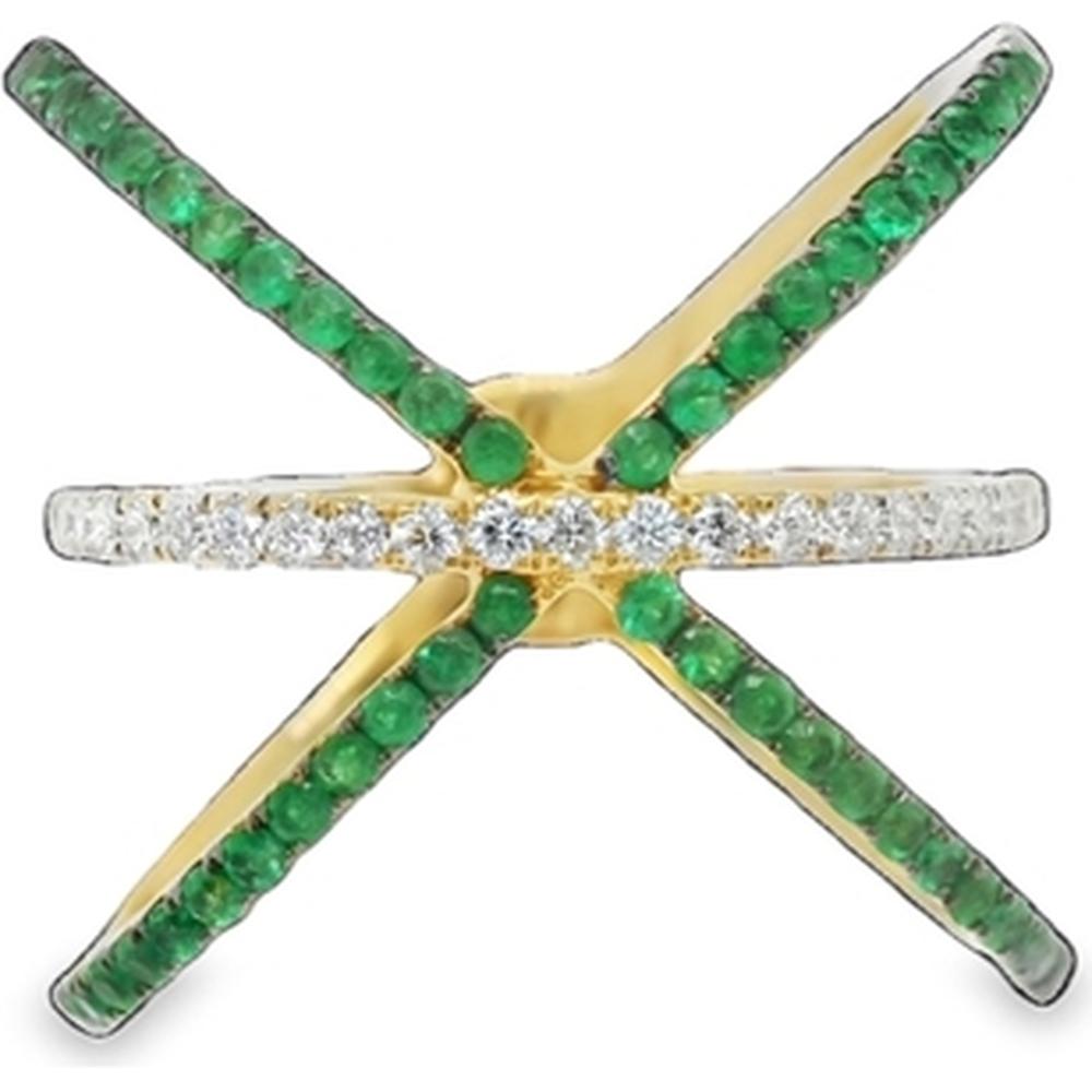 18K Yellow and White Gold Geometric Crossover Ring with Round Emeralds and Diamonds by Afarin