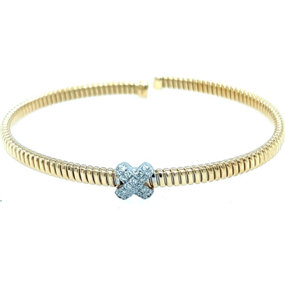 18K Yellow & White Gold Open Bangle Bracelet with Diamond Crisscross Motif by Afarin