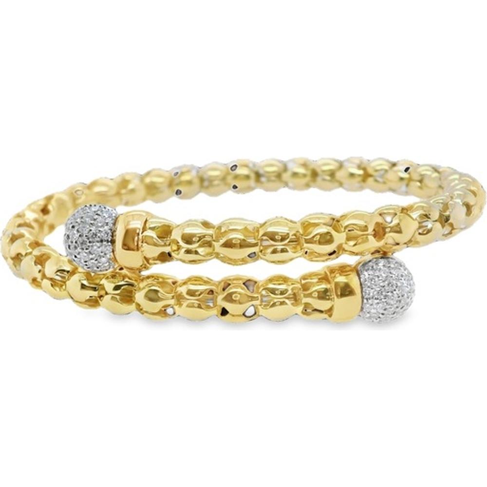 18K Yellow and White Gold Open Bangle Bracelet with Round Diamond Pavé End Caps by Afarin