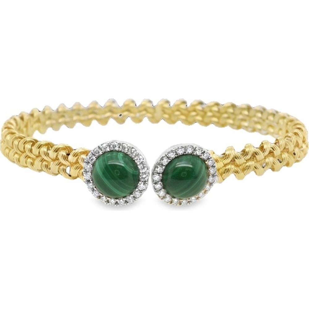 18K Yellow and White Gold Open Bangle Bracelet with Round Malachite and Diamond Halo Ends by Afarin