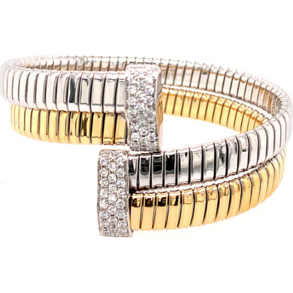 18K Yellow and White Gold Open Cuff Bangle with Pavé Set Round Diamonds by Afarin