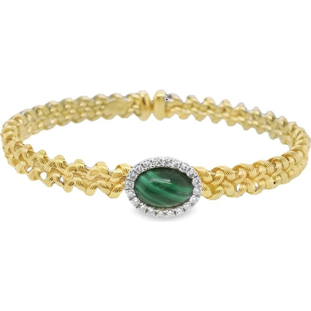 18K Yellow and White Gold Oval Malachite Bangle with Diamond Halo by Afarin