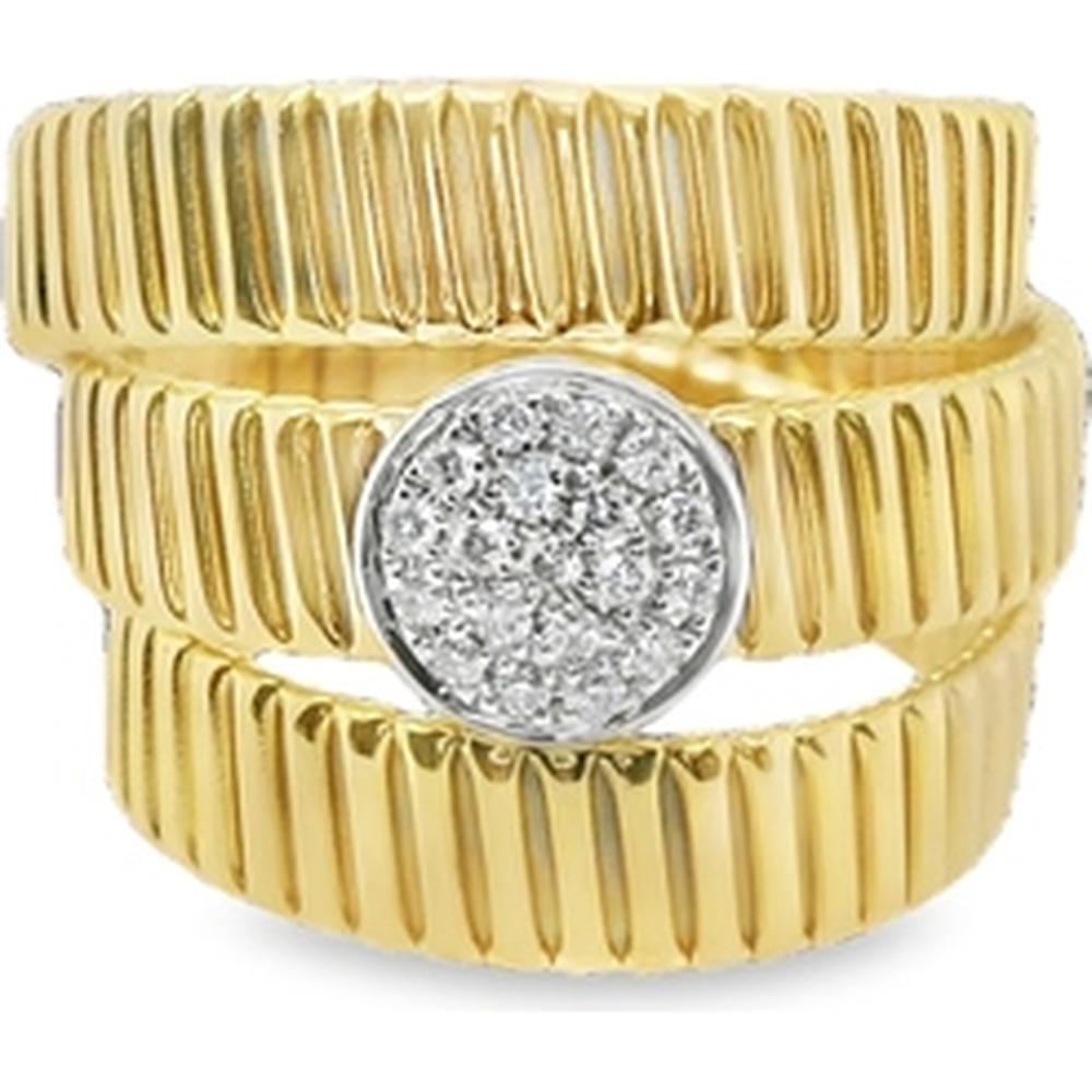 18K Yellow and White Gold Ribbed Band Ring with Round Diamond Cluster by Afarin
