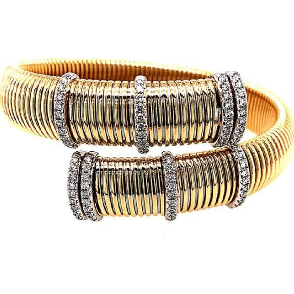 18K Yellow and White Gold Ribbed Diamond Bangle Bracelet by Afarin