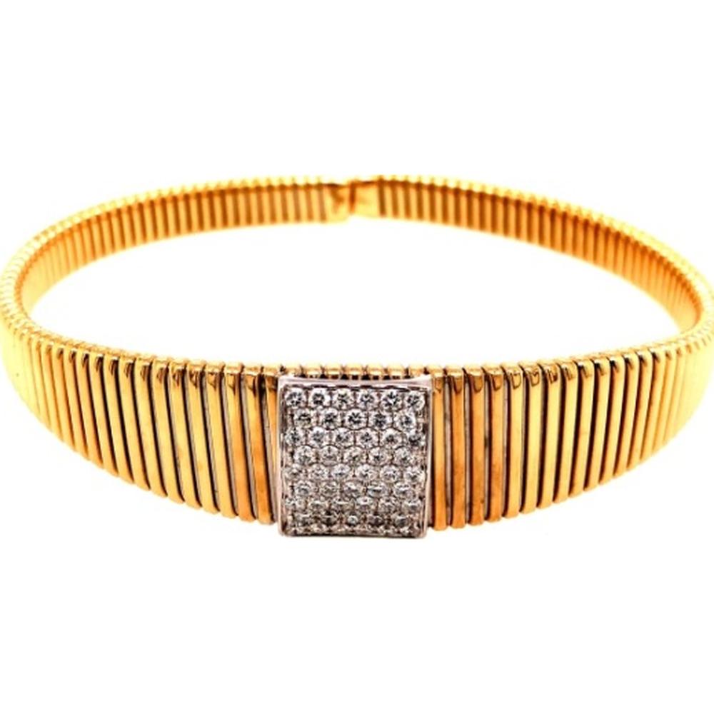 18K Yellow and White Gold Ribbed Diamond Bangle Bracelet with Square Diamond Center by Afarin