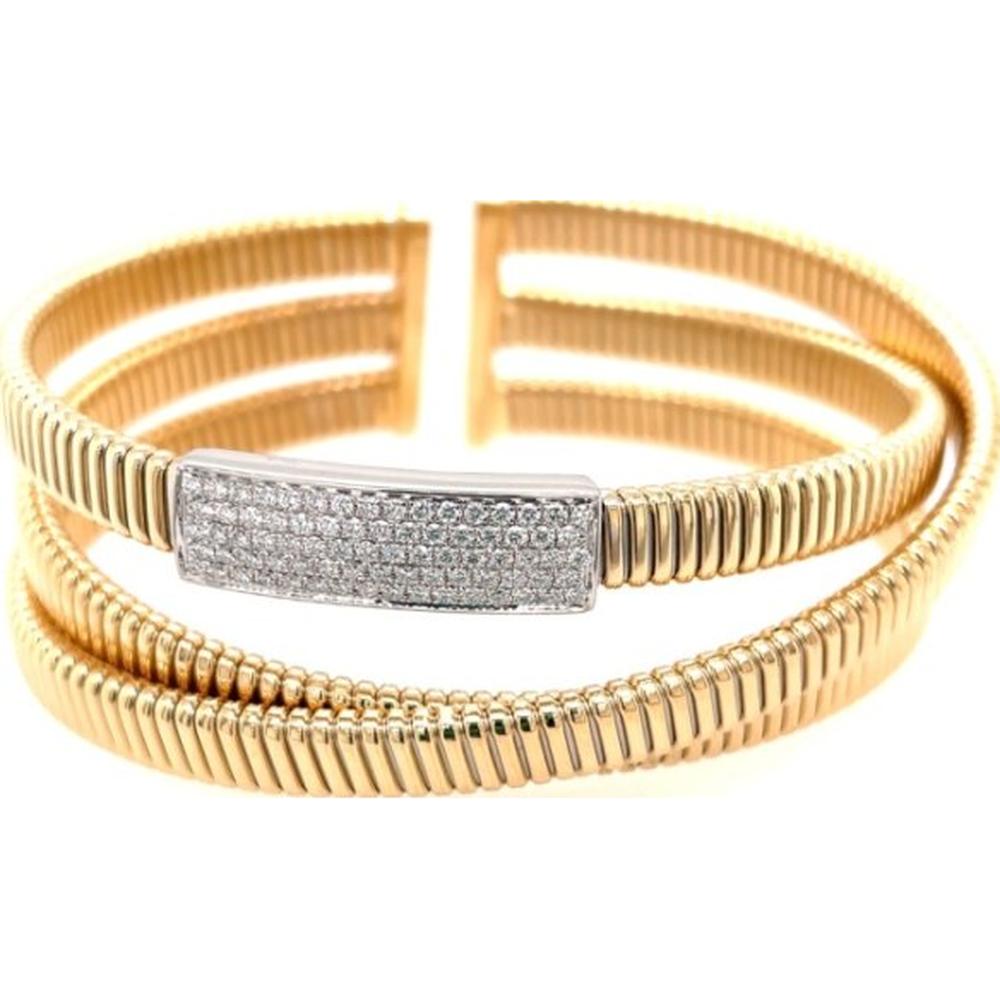 18K Yellow and White Gold Ribbed Open Bangle Bracelet with Round Diamond Center Plate by Afarin